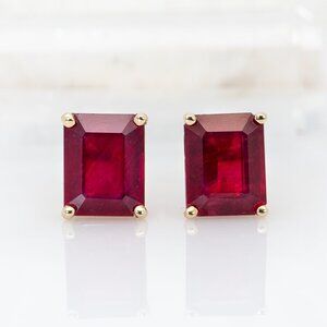 Emerald-Cut Ruby Solitaire Studs in Solid 14K Gold - Multiple Sizes Available